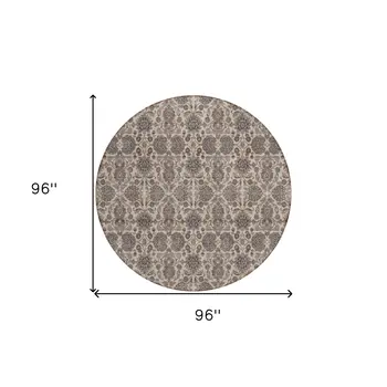 8' Ivory Taupe And Beige Round Floral Washable Indoor Outdoor Area Rug