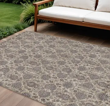8' X 10' Ivory Taupe And Beige Floral Washable Indoor Outdoor Area Rug
