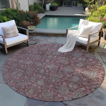 8' Merlot Gray And Taupe Round Floral Washable Indoor Outdoor Area Rug