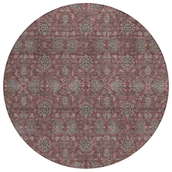 8' Merlot Gray And Taupe Round Floral Washable Indoor Outdoor Area Rug