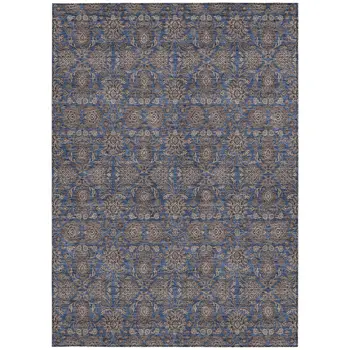 3' X 5' Navy Blue Beige And Taupe Floral Washable Indoor Outdoor Area Rug