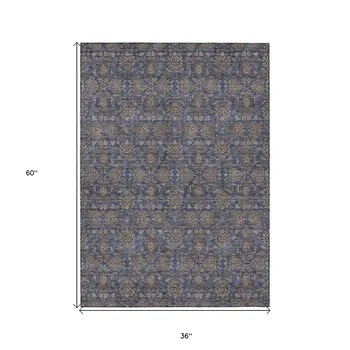 3' X 5' Navy Blue Beige And Taupe Floral Washable Indoor Outdoor Area Rug