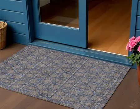 3' X 5' Navy Blue Beige And Taupe Floral Washable Indoor Outdoor Area Rug