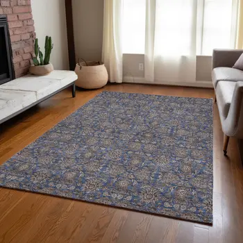3' X 5' Navy Blue Beige And Taupe Floral Washable Indoor Outdoor Area Rug