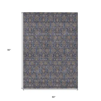 5' X 8' Navy Blue Beige And Taupe Floral Washable Indoor Outdoor Area Rug
