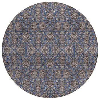 8' Navy Blue Beige And Taupe Round Floral Washable Indoor Outdoor Area Rug