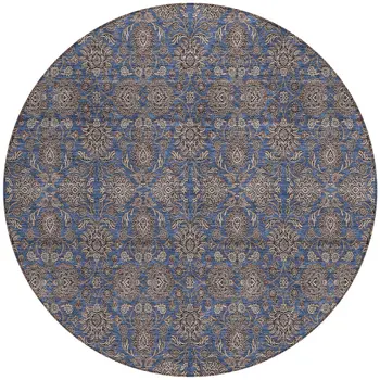 8' Navy Blue Beige And Taupe Round Floral Washable Indoor Outdoor Area Rug