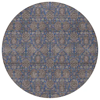 8' Navy Blue Beige And Taupe Round Floral Washable Indoor Outdoor Area Rug