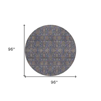 8' Navy Blue Beige And Taupe Round Floral Washable Indoor Outdoor Area Rug
