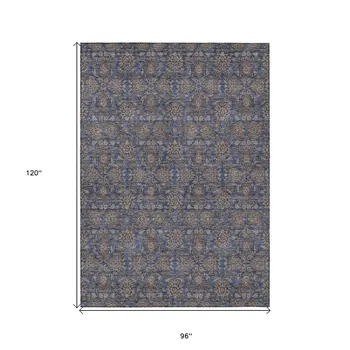 8' X 10' Navy Blue Beige And Taupe Floral Washable Indoor Outdoor Area Rug