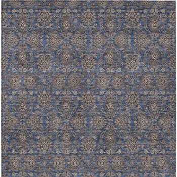 10' X 14' Navy Blue Beige And Taupe Floral Washable Indoor Outdoor Area Rug