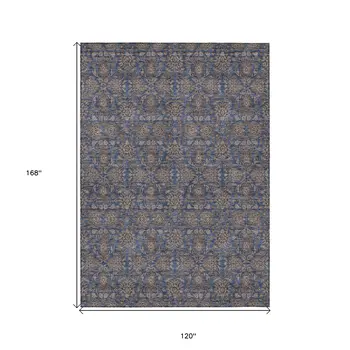 10' X 14' Navy Blue Beige And Taupe Floral Washable Indoor Outdoor Area Rug