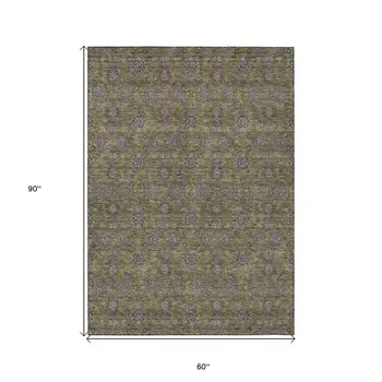 5' X 8' Olive Green Beige And Taupe Floral Washable Indoor Outdoor Area Rug