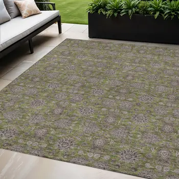 5' X 8' Olive Green Beige And Taupe Floral Washable Indoor Outdoor Area Rug