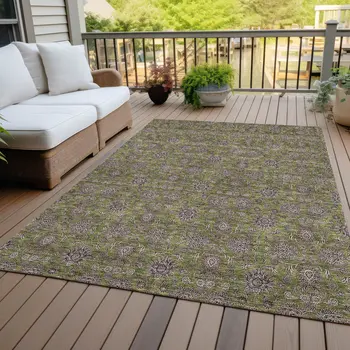 5' X 8' Olive Green Beige And Taupe Floral Washable Indoor Outdoor Area Rug