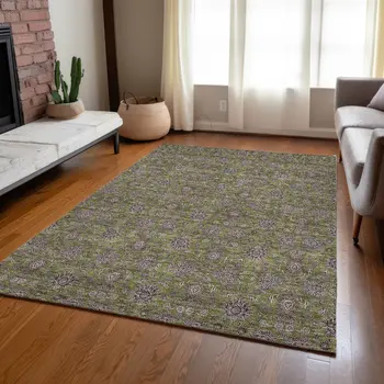 5' X 8' Olive Green Beige And Taupe Floral Washable Indoor Outdoor Area Rug