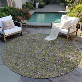 8' Olive Green Beige And Taupe Round Floral Washable Indoor Outdoor Area Rug