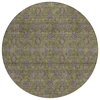 8' Olive Green Beige And Taupe Round Floral Washable Indoor Outdoor Area Rug