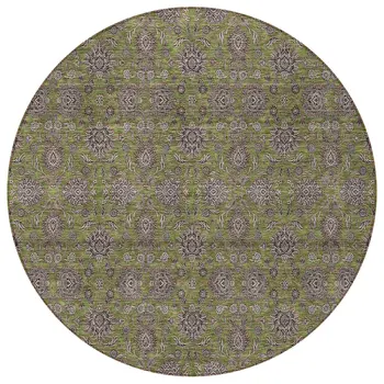8' Olive Green Beige And Taupe Round Floral Washable Indoor Outdoor Area Rug