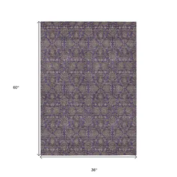 3' X 5' Purple Beige And Taupe Floral Washable Indoor Outdoor Area Rug