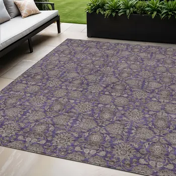 5' X 8' Purple Beige And Taupe Floral Washable Indoor Outdoor Area Rug