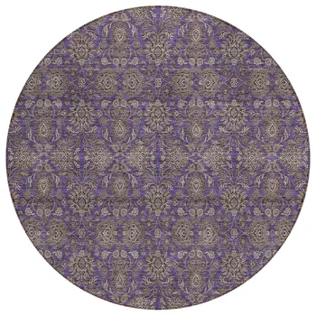 8' Purple Beige And Taupe Round Floral Washable Indoor Outdoor Area Rug
