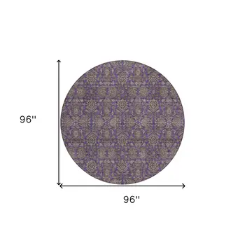 8' Purple Beige And Taupe Round Floral Washable Indoor Outdoor Area Rug