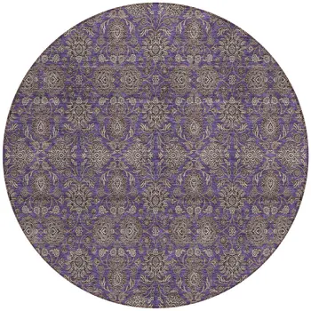 8' Purple Beige And Taupe Round Floral Washable Indoor Outdoor Area Rug