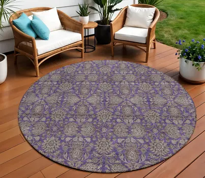 8' Purple Beige And Taupe Round Floral Washable Indoor Outdoor Area Rug