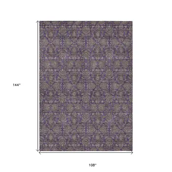 9' X 12' Purple Beige And Taupe Floral Washable Indoor Outdoor Area Rug