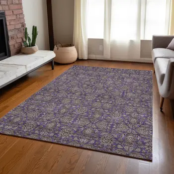 9' X 12' Purple Beige And Taupe Floral Washable Indoor Outdoor Area Rug