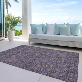 10' X 14' Purple Beige And Taupe Floral Washable Indoor Outdoor Area Rug