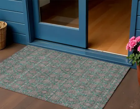 3' X 5' Teal Blue Beige And Taupe Floral Washable Indoor Outdoor Area Rug