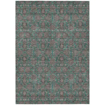 3' X 5' Teal Blue Beige And Taupe Floral Washable Indoor Outdoor Area Rug