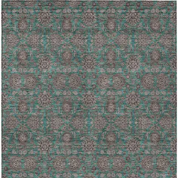 5' X 8' Teal Blue Beige And Taupe Floral Washable Indoor Outdoor Area Rug