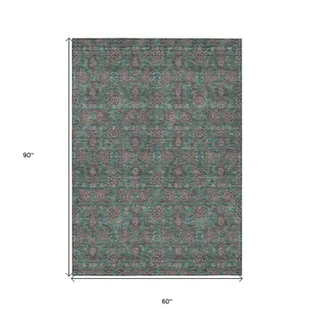 5' X 8' Teal Blue Beige And Taupe Floral Washable Indoor Outdoor Area Rug