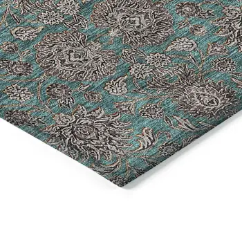 5' X 8' Teal Blue Beige And Taupe Floral Washable Indoor Outdoor Area Rug