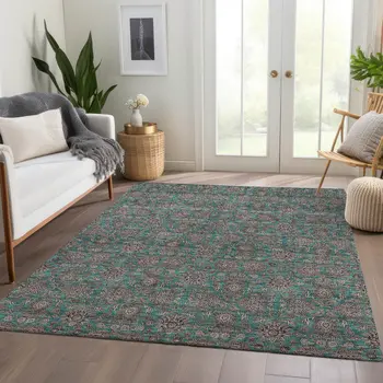5' X 8' Teal Blue Beige And Taupe Floral Washable Indoor Outdoor Area Rug