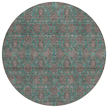 8' Teal Blue Beige And Taupe Round Floral Washable Indoor Outdoor Area Rug