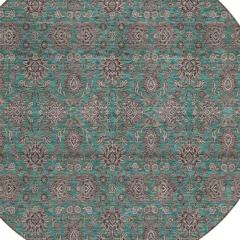 8' Teal Blue Beige And Taupe Round Floral Washable Indoor Outdoor Area Rug