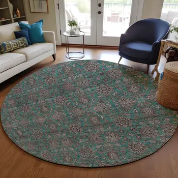 8' Teal Blue Beige And Taupe Round Floral Washable Indoor Outdoor Area Rug