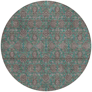 8' Teal Blue Beige And Taupe Round Floral Washable Indoor Outdoor Area Rug