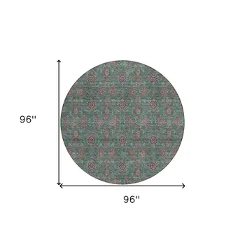 8' Teal Blue Beige And Taupe Round Floral Washable Indoor Outdoor Area Rug