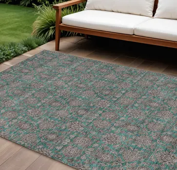 8' X 10' Teal Blue Beige And Taupe Floral Washable Indoor Outdoor Area Rug