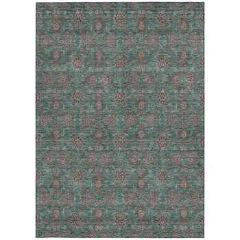 9' X 12' Teal Blue Beige And Taupe Floral Washable Indoor Outdoor Area Rug