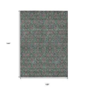 9' X 12' Teal Blue Beige And Taupe Floral Washable Indoor Outdoor Area Rug