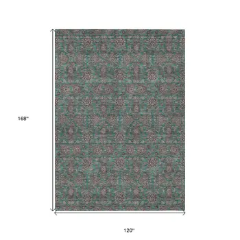 10' X 14' Teal Blue Beige And Taupe Floral Washable Indoor Outdoor Area Rug