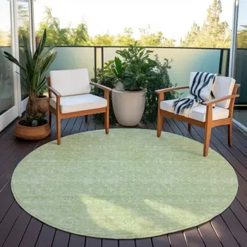8' Artichoke Green Mint Green And Ivory Round Floral Washable Indoor Outdoor Area Rug