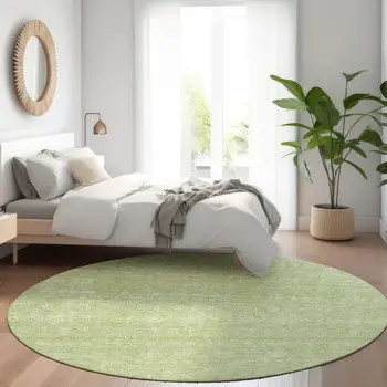 8' Artichoke Green Mint Green And Ivory Round Floral Washable Indoor Outdoor Area Rug