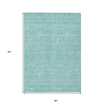 3' X 5' Aqua And Ivory Floral Washable Indoor Outdoor Area Rug